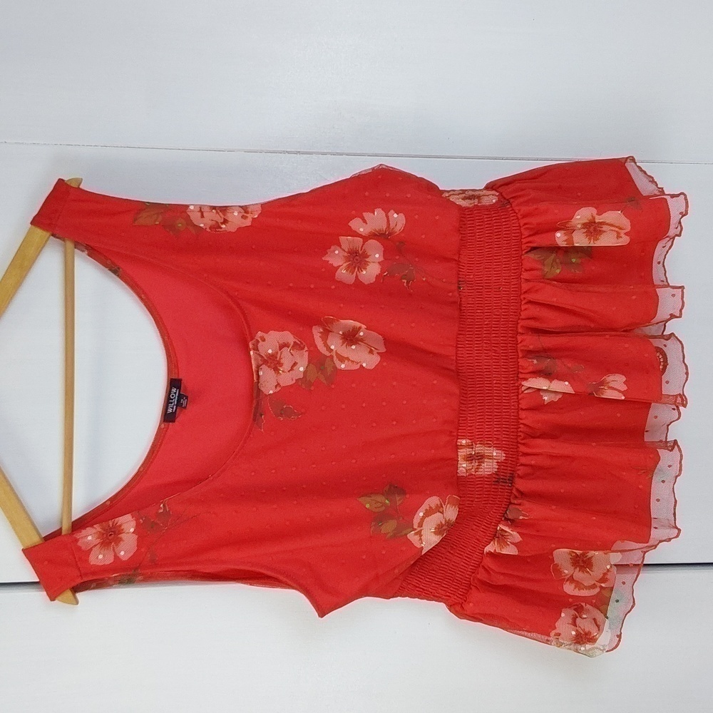 Willow- Red/Orange Floral Peplum Baby Doll Tank Smocking Ruffles Sz.1X